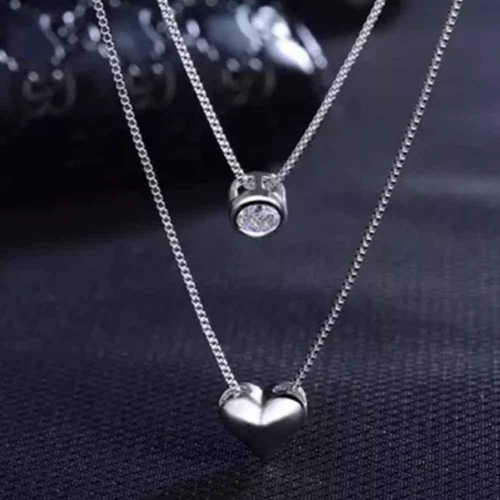 925 STERLING SILVER DIAMOND DOUBLE LAYER NECKLACE, NICE NECKLACE, CUTE NECKLACE - Picture 3 of 8